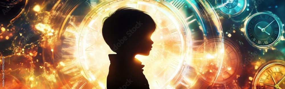 Poster Vibrant visualization of a glowing child surrounded by clocks expressing the passage of time and imagination