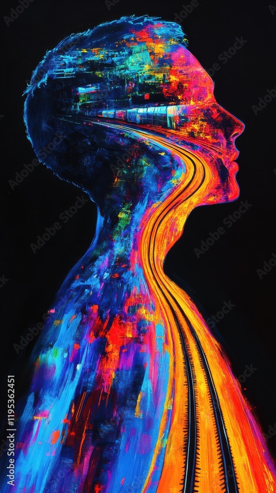 Poster vibrant silhouette depicting a man's profile with colorful trails representing thoughts and journeys