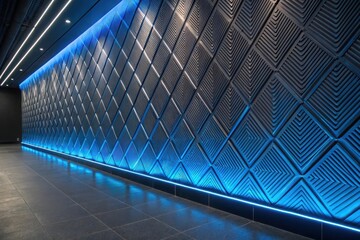 Fototapeta premium Modern Architectural Interior with Blue LED Lighting and Geometric Wall Paneling