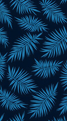 A blue palm leaf motif, its fronds swirl in the wind to create an abstract pattern on a dark fabric background, perfect for beachwear or nautical decor with a tropical feel.