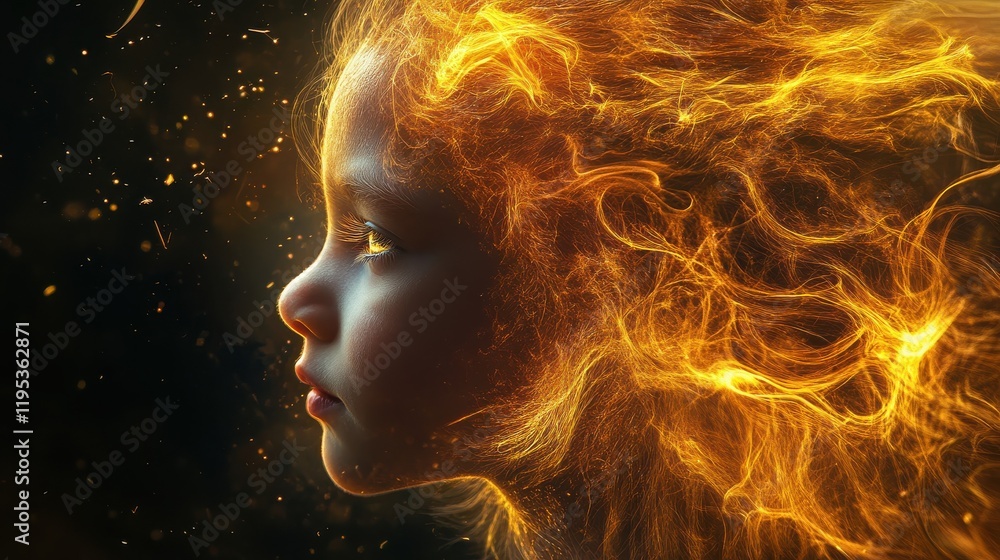 Poster surreal visualization of a child's profile with fiery hair and enchanting glow