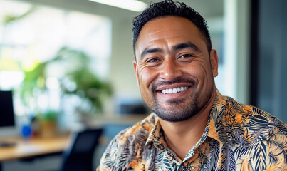 Handsome Maori man at business office, generated ai 