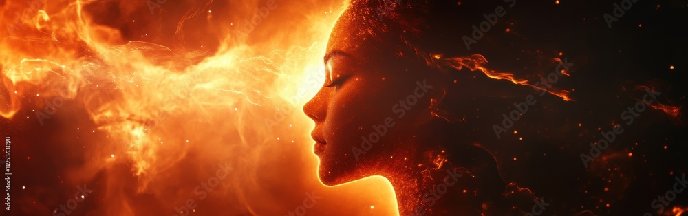 Poster surreal representation of a glowing woman surrounded by ethereal fire elements in a cosmic setting