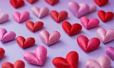 Obraz premium Colorful fabric hearts arranged on a purple backdrop perfect for decoration or crafts. Valentine’s Day, date, engagement, love, wedding, background