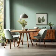 Aesthetic composition of dining room interior with mock up poster frame, round table, gray chair, glass vase with dried flowers, green shelf, wallpaper and personal accessories. Generative Ai