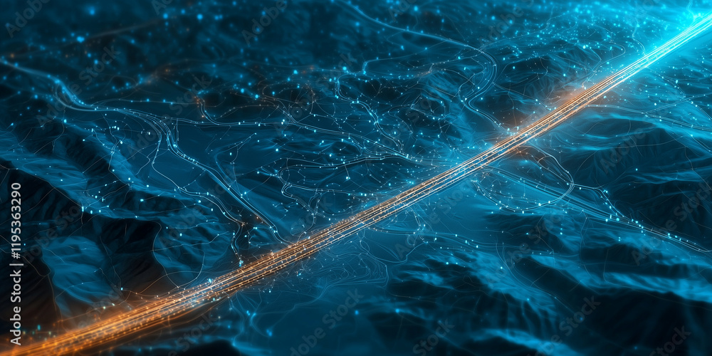 Poster satellite image of desert highway with vehicles and glowing network lines, showcasing futuristic dig