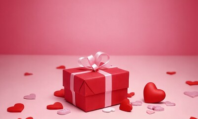 Festive red gift box surrounded by heart-shaped decorations for a romantic celebration. Valentine&rsquo;s Day, date, engagement, love, wedding, background