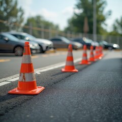 Parking Lot Safety Line. Row of orange traffic cones marking safety line in parking area with cars in background.