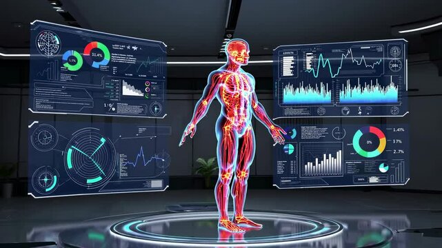 Medical technology analyzes human body structure with futuristic holographic interface, showing muscles and skeleton, providing detailed information on health and physical condition