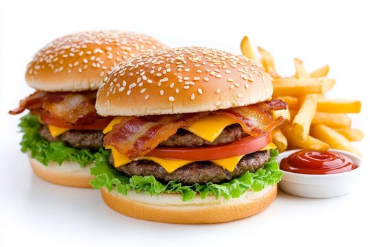 Deliciosas hamburguesas cl&aacute;sicas con queso y tocino, acompa&ntilde;adas de papas fritas en una comida r&aacute;pida