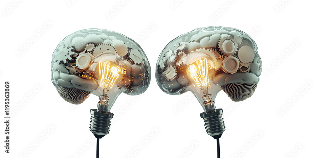 Aufkleber Two illuminated brain models with gears and light bulbs symbolize creativity and innovation. intricate design highlights fusion of mechanical and intellectual concepts