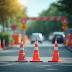 Traffic Safety Cones. Orange construction cones line up on an asphalt road with safety barriers and vehicles in the soft-focus background.