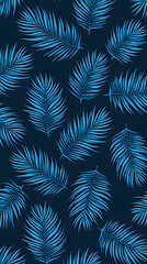 A blue palm leaf motif, its fronds swirl in the wind to create an abstract pattern on a dark fabric background, perfect for beachwear or nautical decor with a tropical feel.