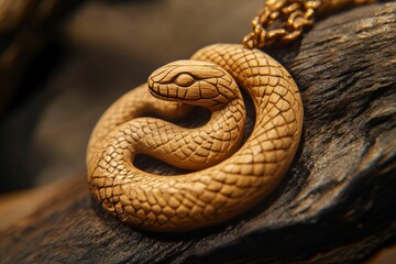 Fototapeta premium Carved wooden snake pendant, coiled, detailed scales.