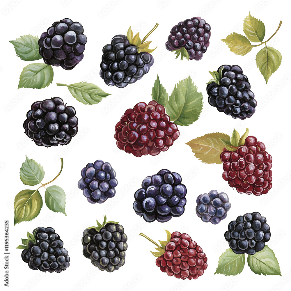 Poster collection of ripe blackberries and raspberries with green leaves, isolated on transparency backgrou