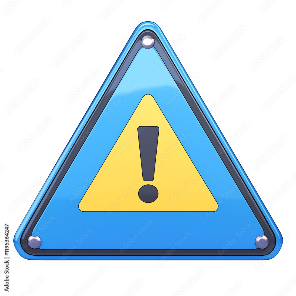 Poster polished blue warning symbol with yellow exclamation mark, isolated on transparency background, conveys caution and alertness. triangular shape emphasizes importance of message