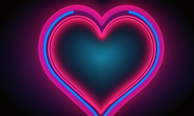Neon heart shape glowing in vibrant colors with a dark background during nighttime. Valentine’s Day, date, engagement, love, wedding, background