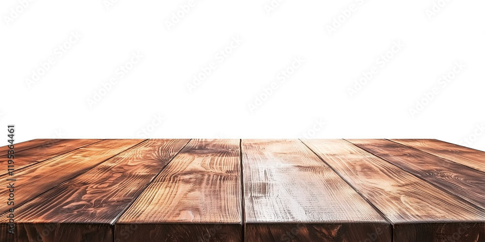 Poster brown wooden table with smooth surface is isolated on transparency background, showcasing its natural grain and texture. front view highlights craftsmanship and rustic appeal