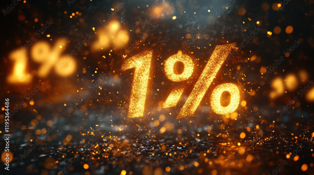 Poster glowing percentage symbol in space with sparkling particles and light