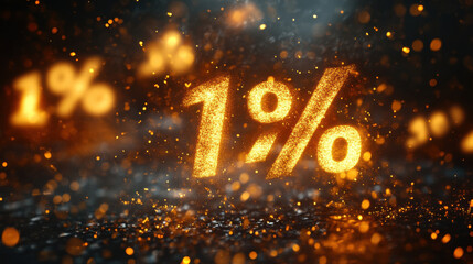 Glowing percentage symbol in space with sparkling particles and light