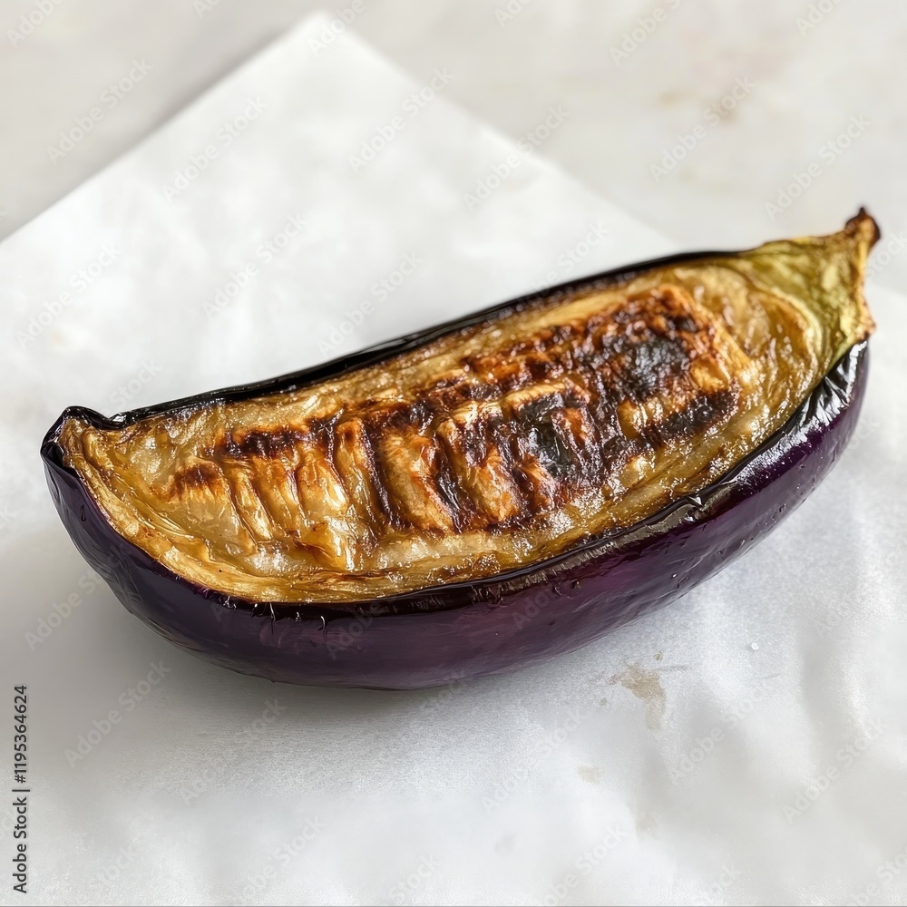Poster perfectly roasted eggplant wedge with charred skin, showcasing vibrant color and texture in a simple