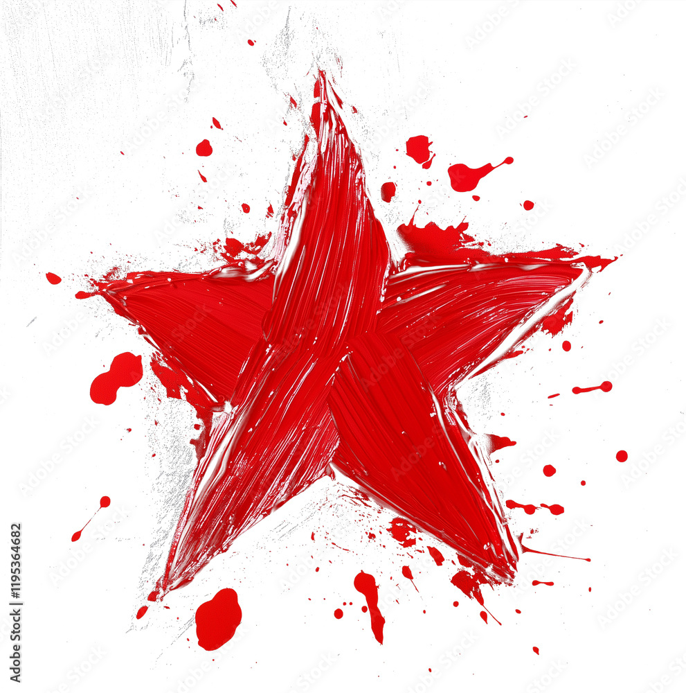 Aufkleber vibrant red star with bold brushwork and splatters stands out against transparency background, creat