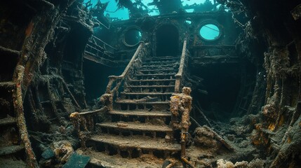 Sunken shipwreck interior with stairs.
