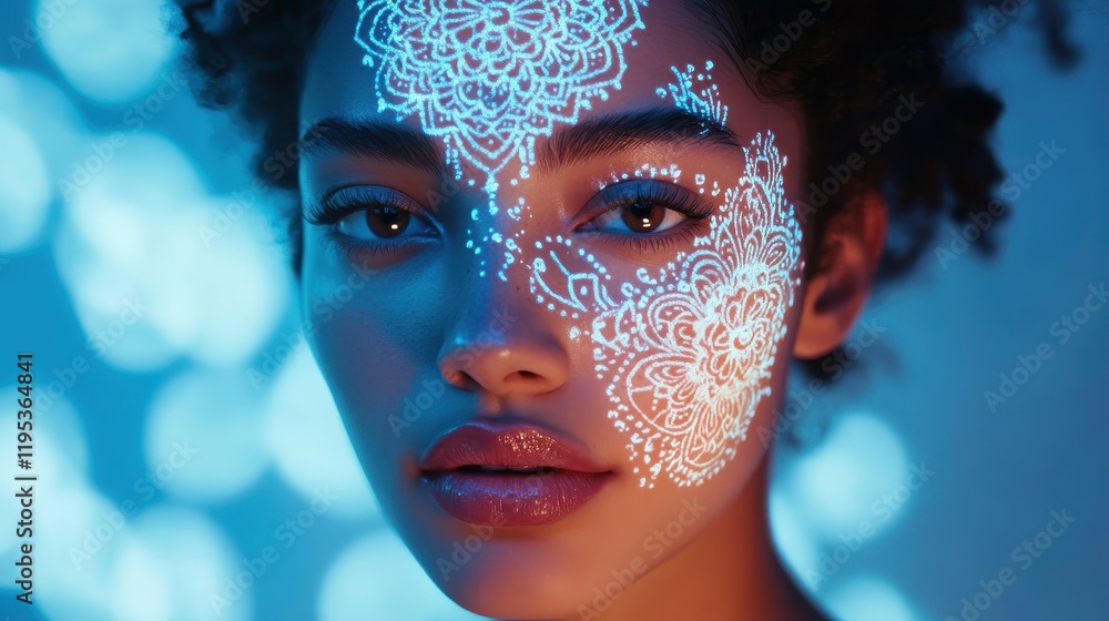 Poster Model's serene face illuminated by intricate designs in a calming, softly lit environment