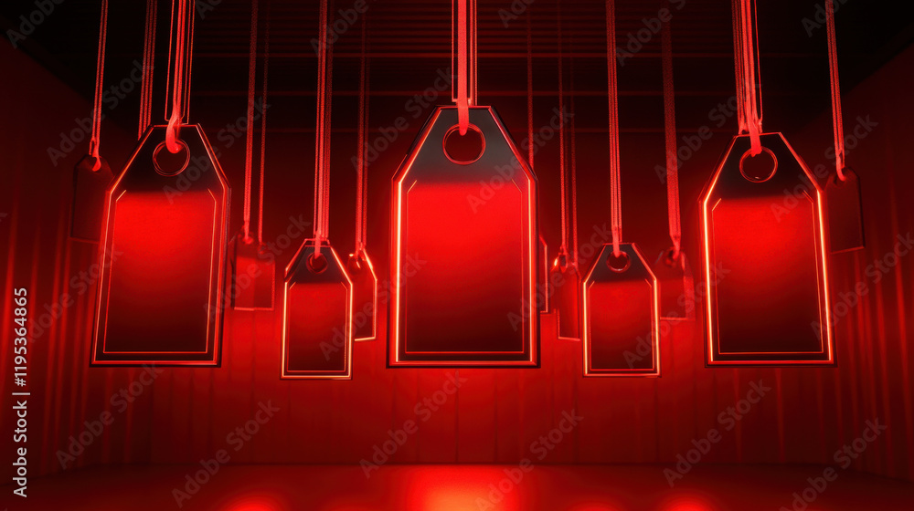 Aufkleber red price tags with glowing edges hanging in dark space create striking visual
