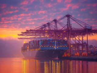 majestic container vessel navigating through bustling international seaport terminal at sunset, with cargo cranes and industrial infrastructure in background