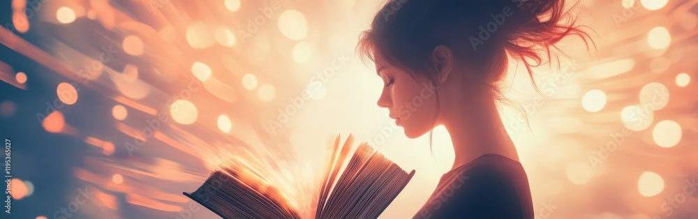 Poster serene portrait of a woman reading a book, surrounded by glowing light in a tranquil setting during 