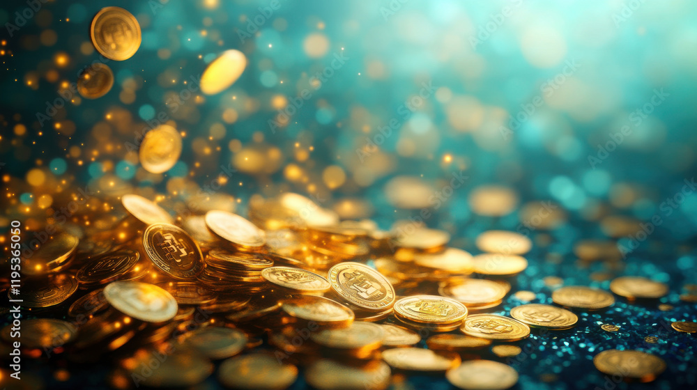 Aufkleber golden coins falling with sparkling lights create dynamic scene