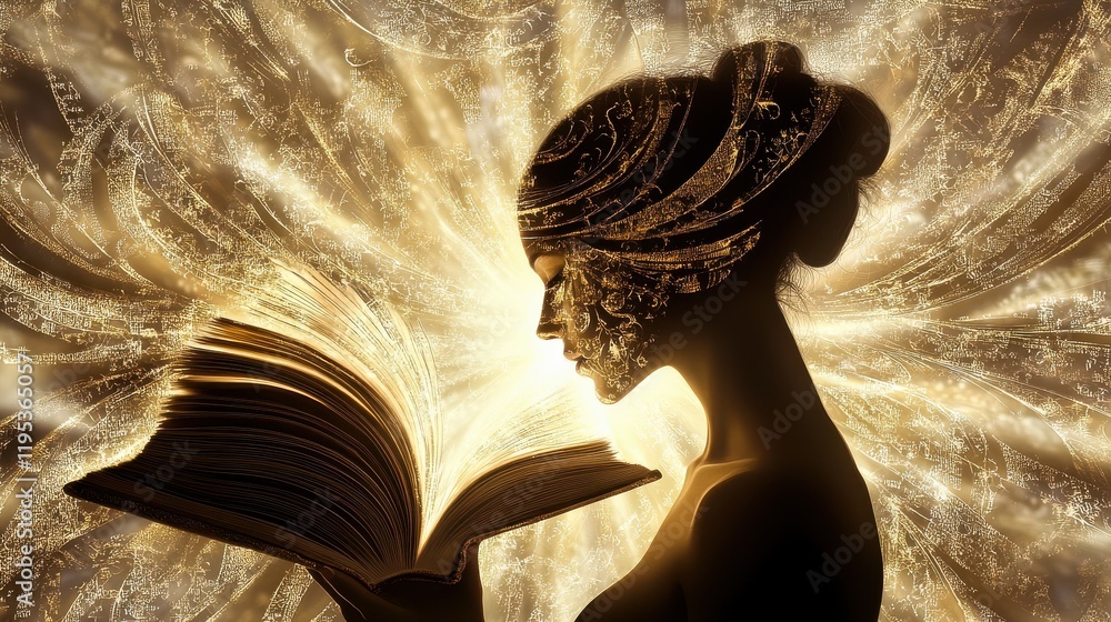 Poster ethereal woman reading a book surrounded by a luminous golden aura in a tranquil setting