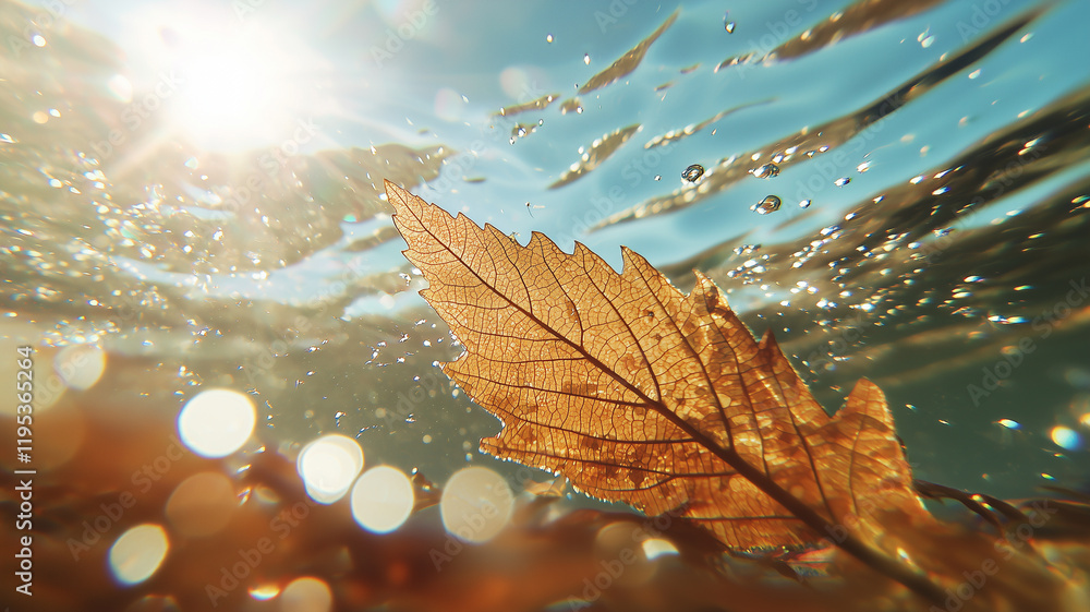 Poster close up of leaf submerged in water with sunlight reflecting off its surface, creating serene and sparkling effect. image captures intricate details of leaf and play of light