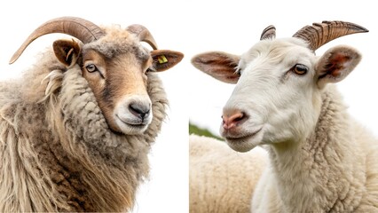 Fototapeta premium Set of sheep portraits on transparent background. Domestic and wild animal concept.