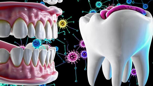 Medical animation showing the process of tooth decay, with bacteria attacking a healthy tooth and causing cavities and gum inflammation, isolated on a black background