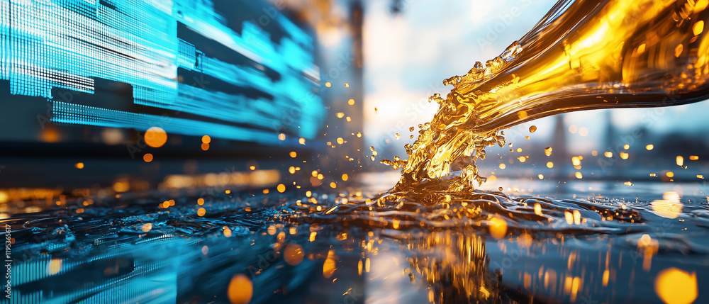 Aufkleber close up of oil splashing in slow motion with futuristic digital background, capturing dynamic energ