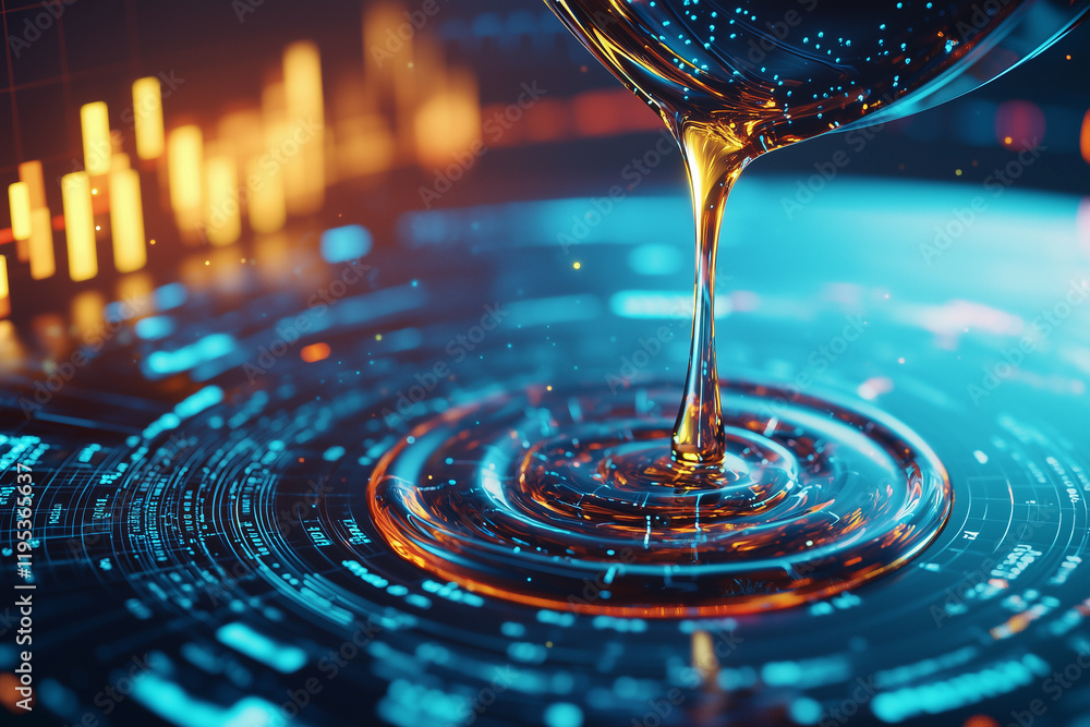 Poster close up of oil dripping into container with glowing digital interface, creating futuristic and technological atmosphere. vibrant colors and dynamic design suggest innovation