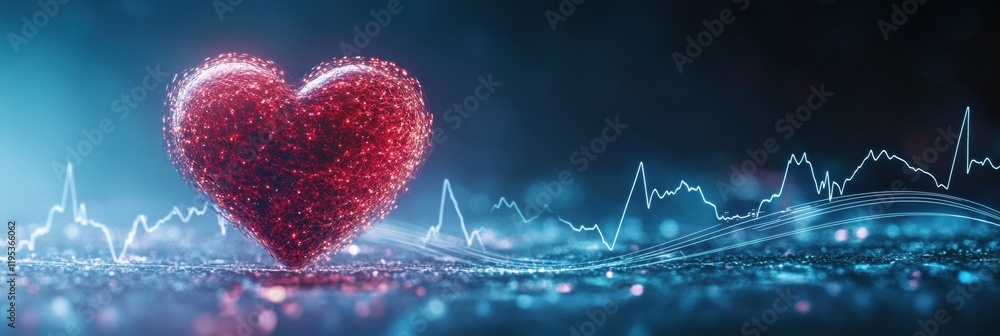 Poster glowing red heart illustration with dynamic cardiogram in blue lighting on a dark background. genera