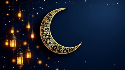 Fototapeta premium Elegant Golden Crescent Moon with Lanterns—Ramadan and Eid background 