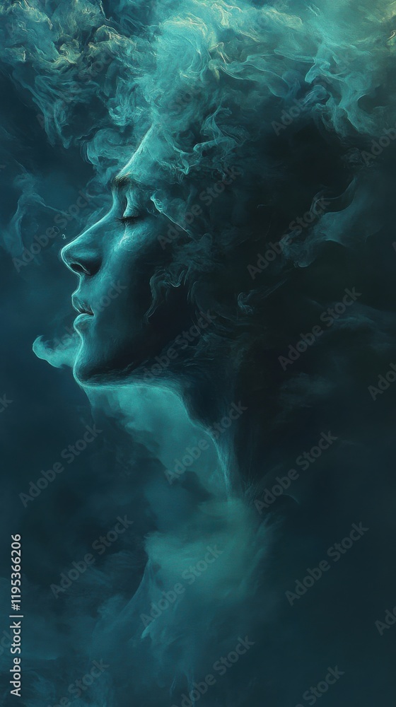 Poster mystical profile of a man surrounded by ethereal smoke in a surreal atmosphere at twilight