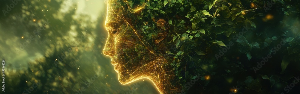 Poster profile of a man emerging from nature with glowing foliage and mystical energy at twilight