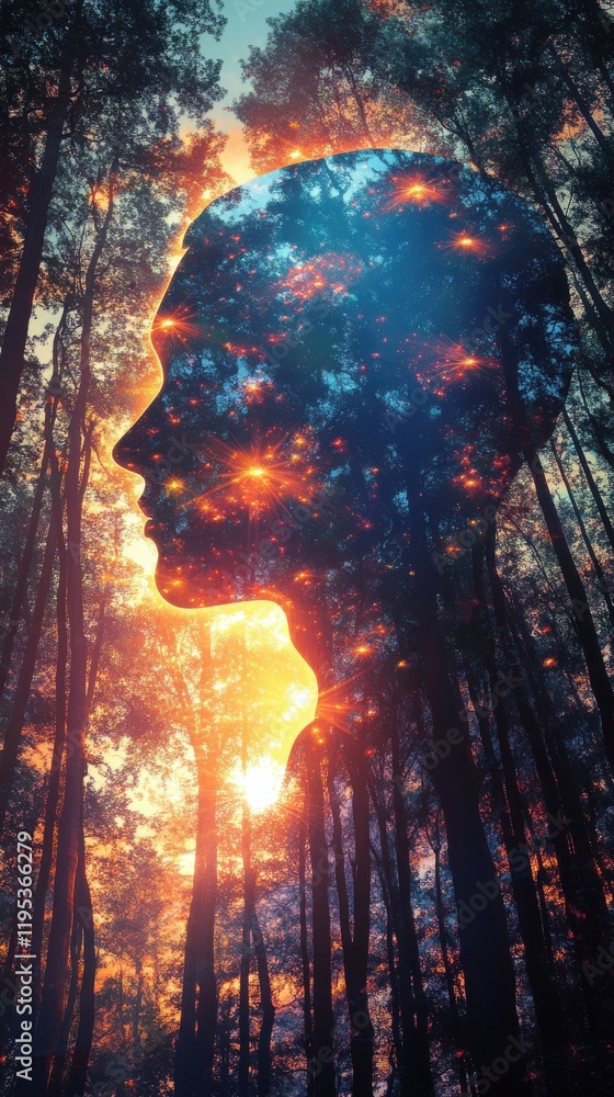 Poster mysterious profile of a man filled with cosmic imagery amidst a tranquil forest setting at twilight