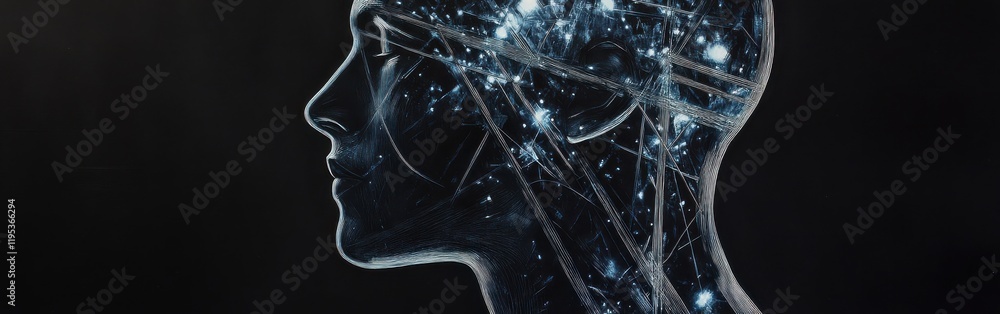 Poster mystical portrayal of a man's profile filled with cosmic elements and shimmering stars