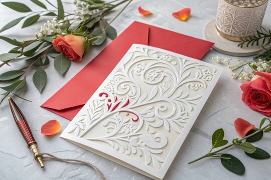 Elegant Laser-Cut Invitation with Floral Design and Red Envelope
