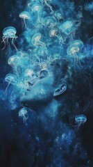 Mystical profile of a man surrounded by glowing jellyfish in a deep blue atmosphere at night