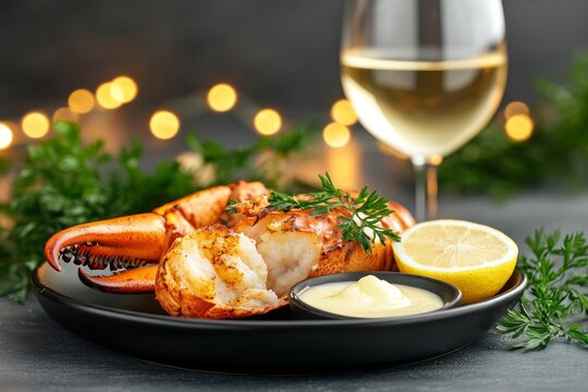 Deliciosa langosta asada con salsa y lim&oacute;n acompa&ntilde;ada de vino blanco en un ambiente festivo