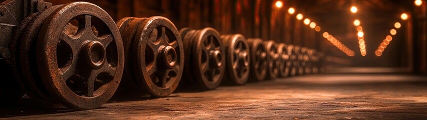 Obraz premium Vintage Industrial Workshop with Rusty Wheels and Soft Lighting on Wooden Floor Surface, Russian oil rig industry power