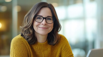 Woman smiling warmly while seated indoors in a cozy environment during daytime, dressed in a stylish yellow sweater