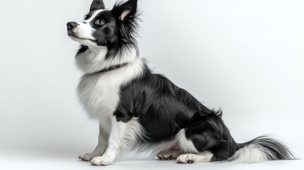 A black and white dog sitting gracefully against a plain background, showcasing its fluffy fur and alert expression